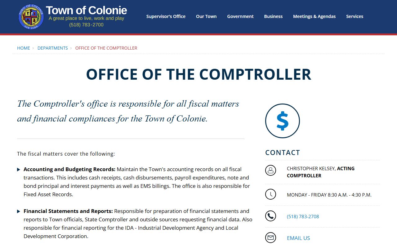 Colonie Town Comptroller office for unclaimed money