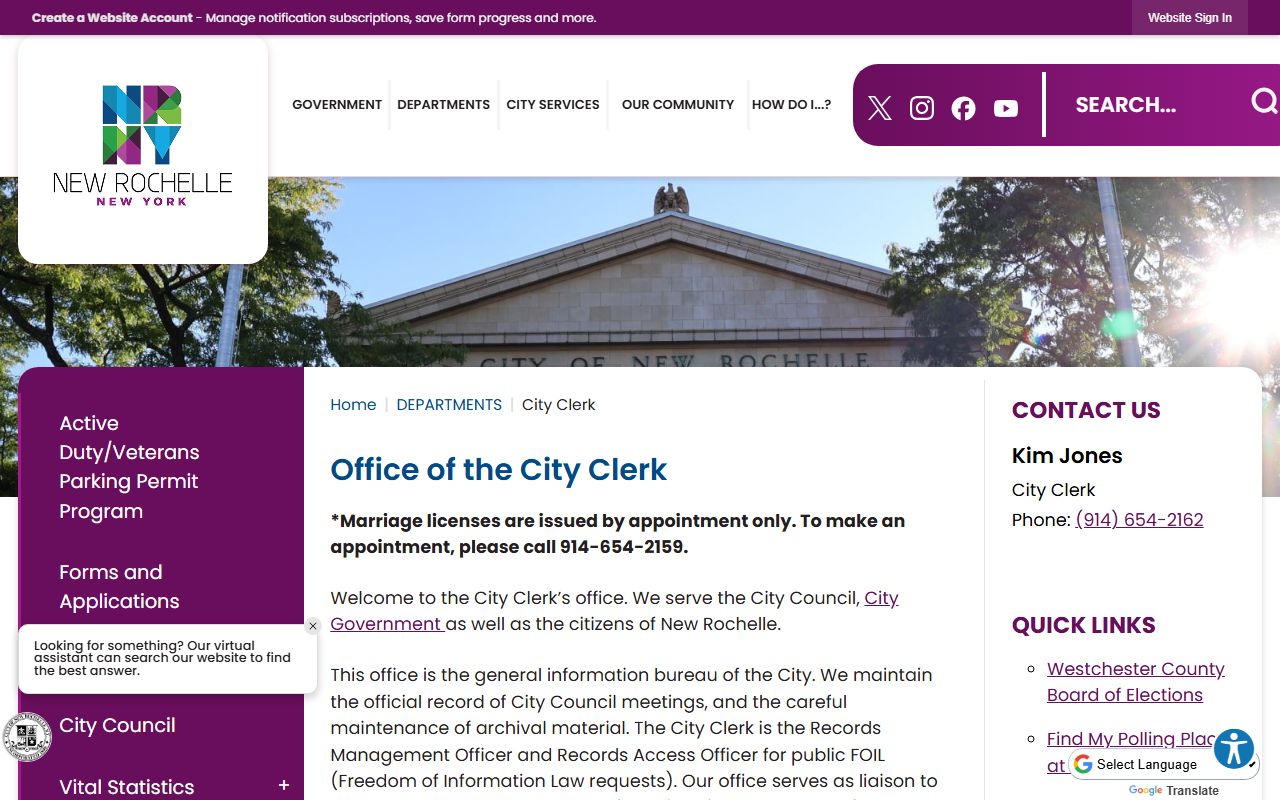 New Rochelle City Clerk office for unclaimed money