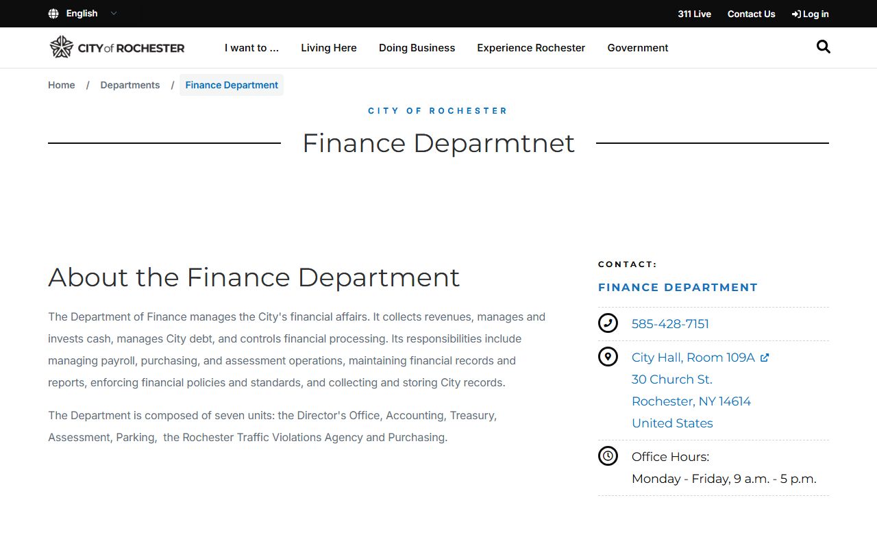 Rochester Finance Department for unclaimed money searches