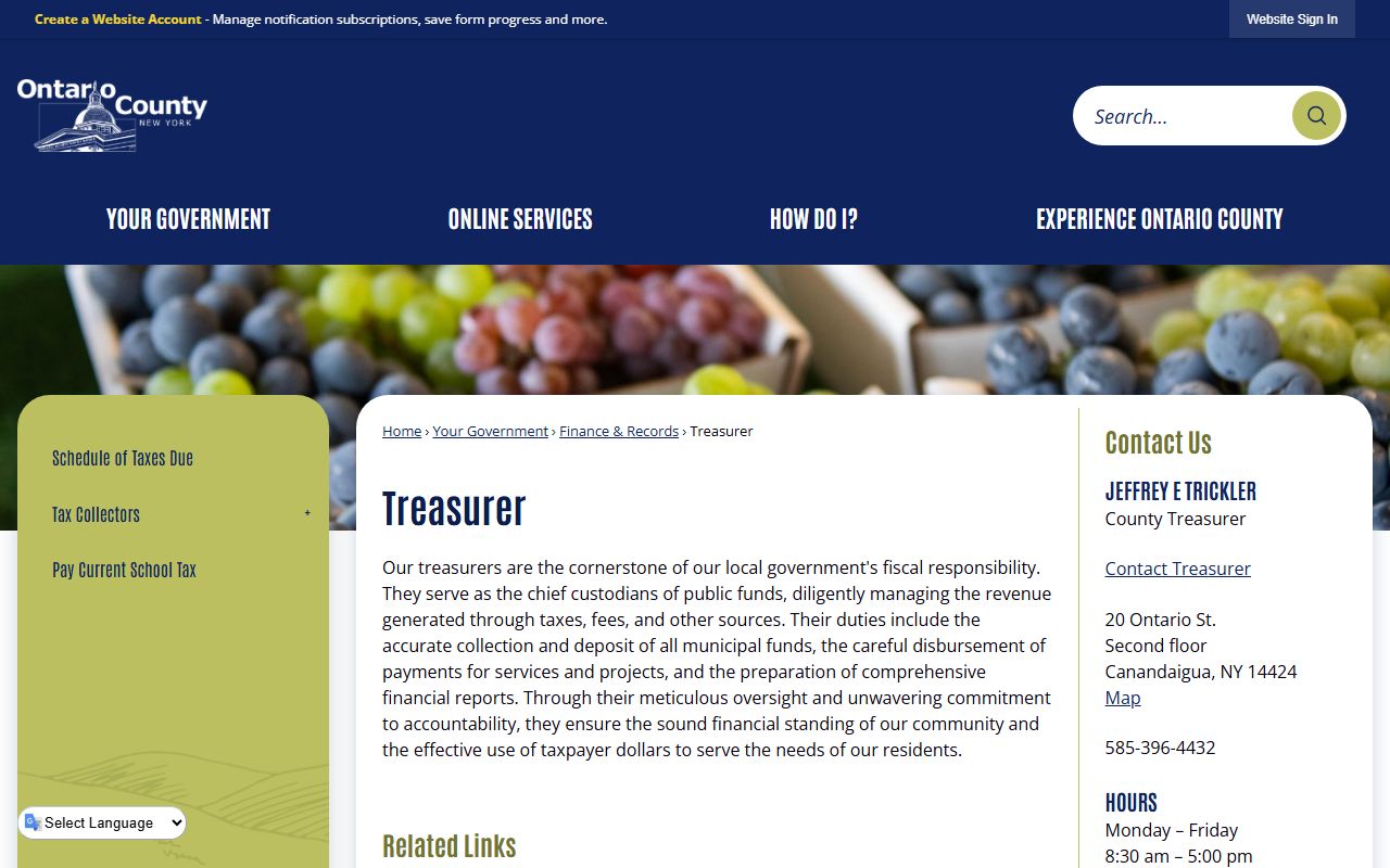 Ontario County Treasurer office for unclaimed money in Ontario County