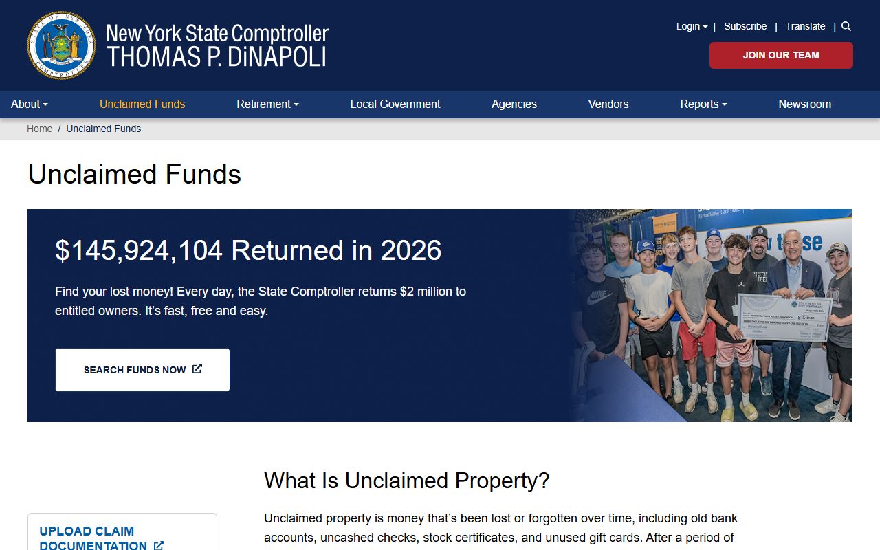 New York State Comptroller unclaimed funds search page
