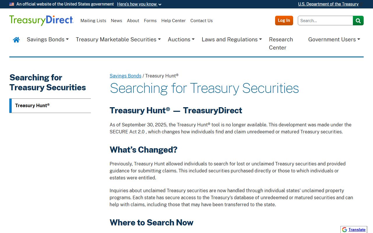 Treasury Hunt tool for unclaimed savings bonds